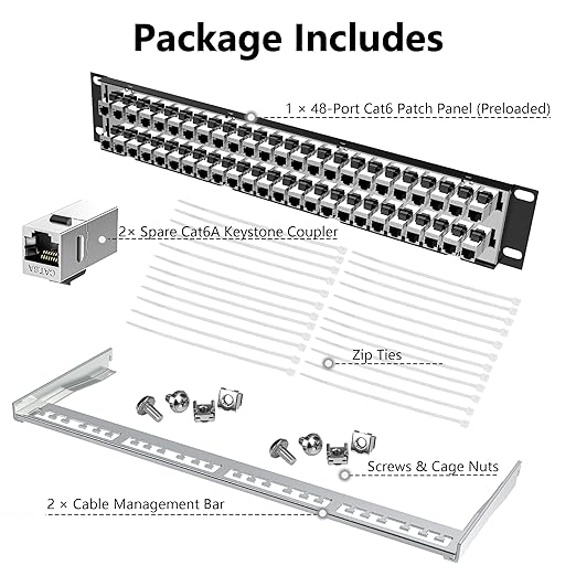 Jadaol 48 Port Shielded Patch Panel Rack or Wall Mount 19-Inch, 2U Cat6A Network Panel Preloaded with 48 Keystone Couplers Plus 2 Spare, 10Gbps Ethernet Panel with Cable Management & Back Support Bar