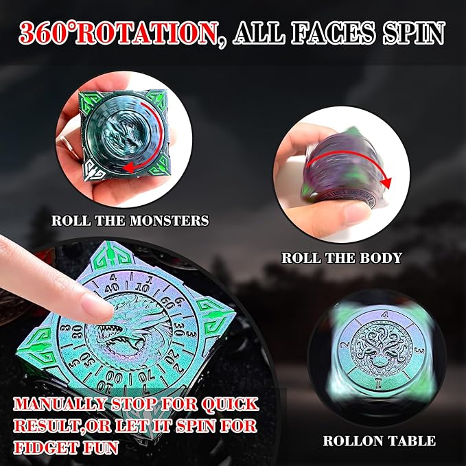 Spinner Dice 7-in-1 Metal DND Set – Premium Copper RPG Dice with 3D Monster Reliefs, Gyro Spinner & Collector’s Box for D&D,Chameleon Purple