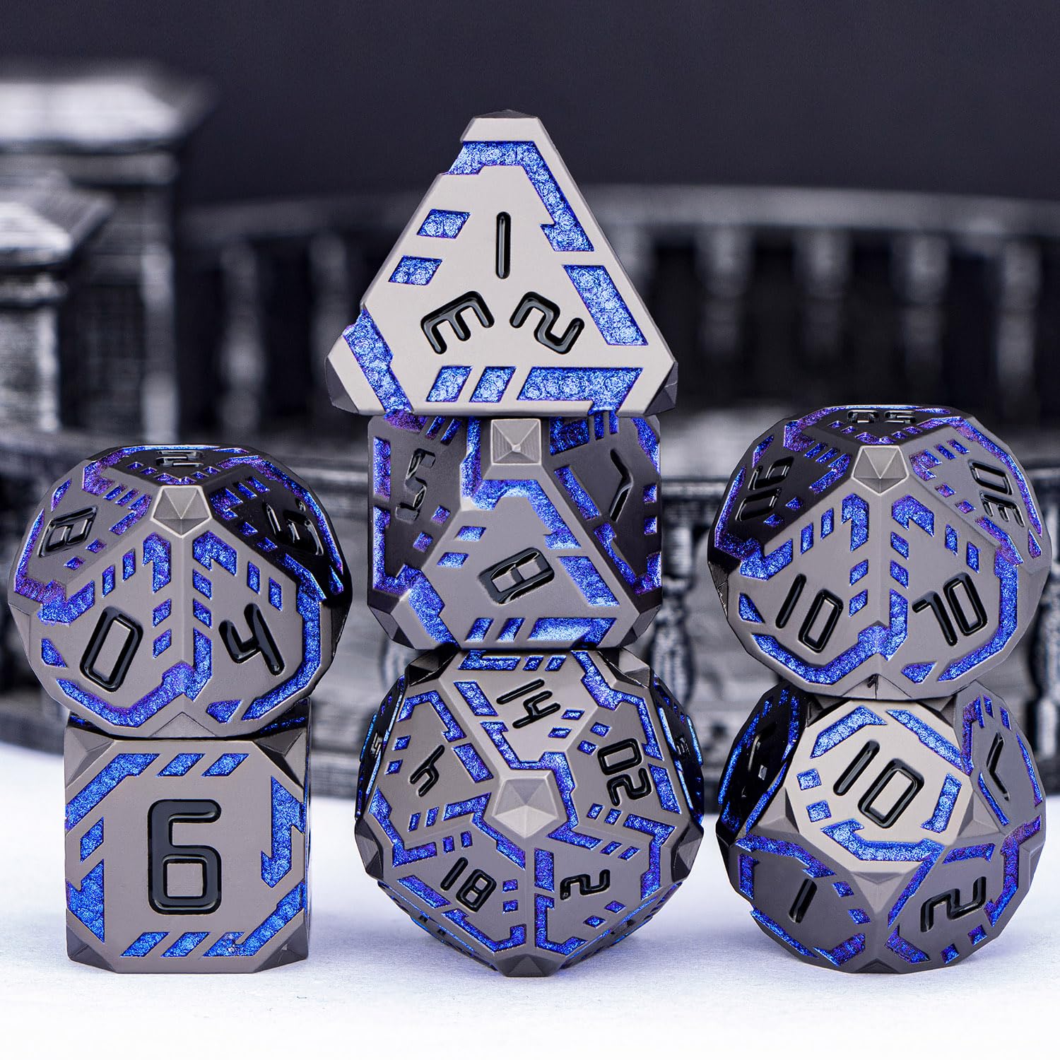 OGCOPHEN Metal DND Sci-fi Dice Set 7PCS Stripe Polyhedral Dice for Dungeons Dragons RPG Role Playing Game, Glitter D and D Dice with Gift Box D6 D8 D10 D12 D20 (Black&Blue Purple)