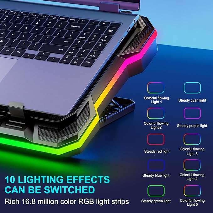 Laptop Cooling Pad Powerful Turbo Fan RGB Gaming Notebook Cooler, Moojay Laptop Fan Cooling Stand with 8 Adjustable Heights and Phone Holder, for 14-19 Inch Laptops - Ice Blue LED Light