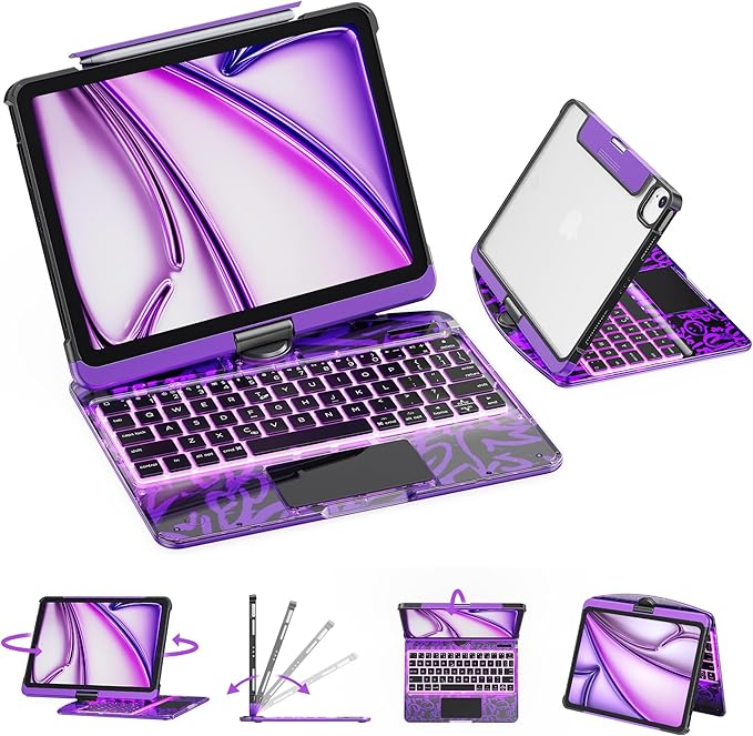 GUSGU Transparent Case with Wireless Keyboard for iPad 11th Gen 11-in.(A16, 2025), 2022 iPad 10th Gen 10.9-in, 7 Colors Backlight, Trackpad, 360°Rotating Stand, Tech Style