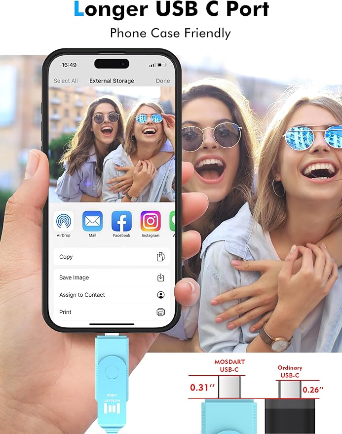 MOSDART 128GB USB3.1 Fast Speed C and A Dual Flash Drive, exFAT Memory Stick with Keychain and LED Indicator, for iPhone 15 and 16, Android Phone, iPad, MacBook, and Other Laptops, Sky Blue