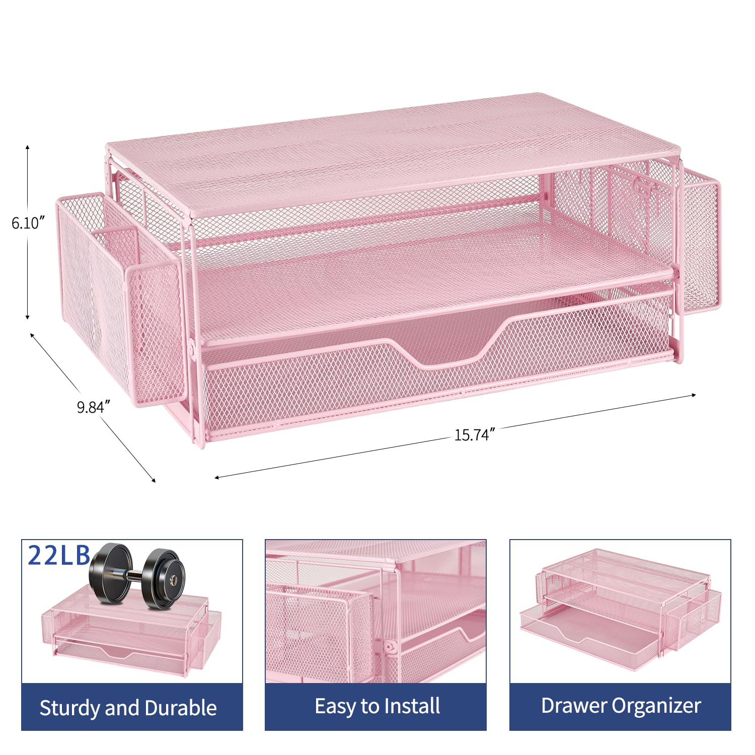 AUPSEN Computer Monitor Stands Riser，2-Tier Desk Organizers and Accessories, Office Desk Accessories Organizer with Drawers and 2 Pen Holder for Office Supplies (Pink)