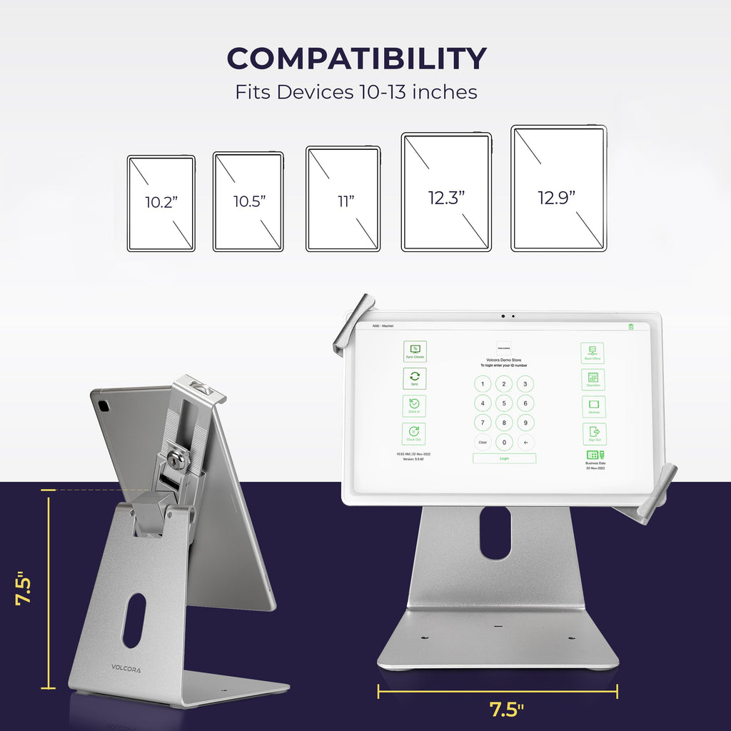 Volcora Anti-Theft Tablet Stand iPad Kiosk Stand with Lock, Silver 10-13'' iPad Stand for Desk, Swivel, Adjustable iPad Holder For Desk, iPad Mount For Desk For POS Register, Retail Business, Cashier