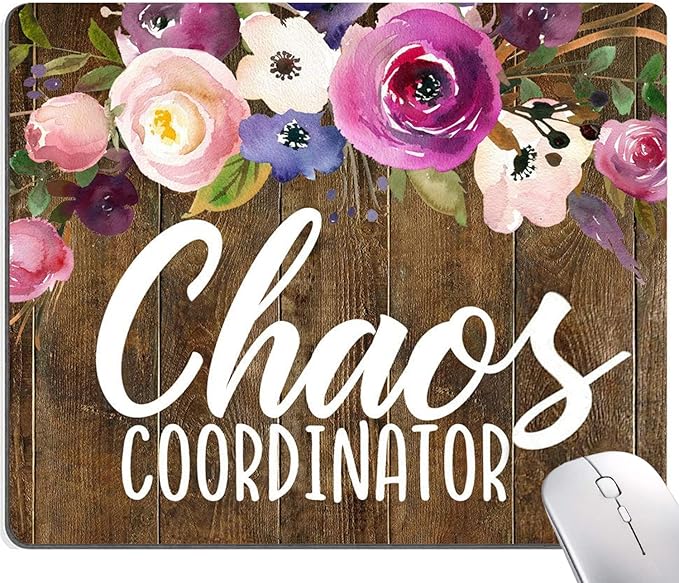 Mouse Pad, Chaos Coordinator Quotes Vintage Watercolor Floral Mouse Pad, Square Waterproof Mouse Pad Non-Slip Rubber Base MousePad