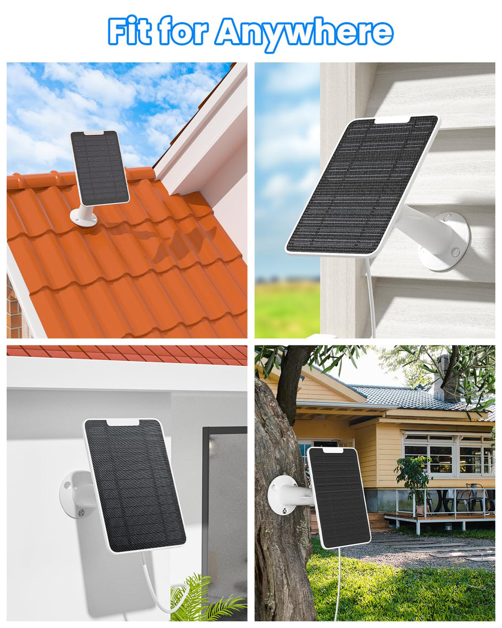 5W Arlo Solar Panel Charger Compatible with Arlo Essential Spotlight/XL Spotlight Camera, Arlo Essential Solar Panel Charger w/ 10ft Waterproof Micro USB Charging Cable, Adjustable Wall Mount, 4 Pack
