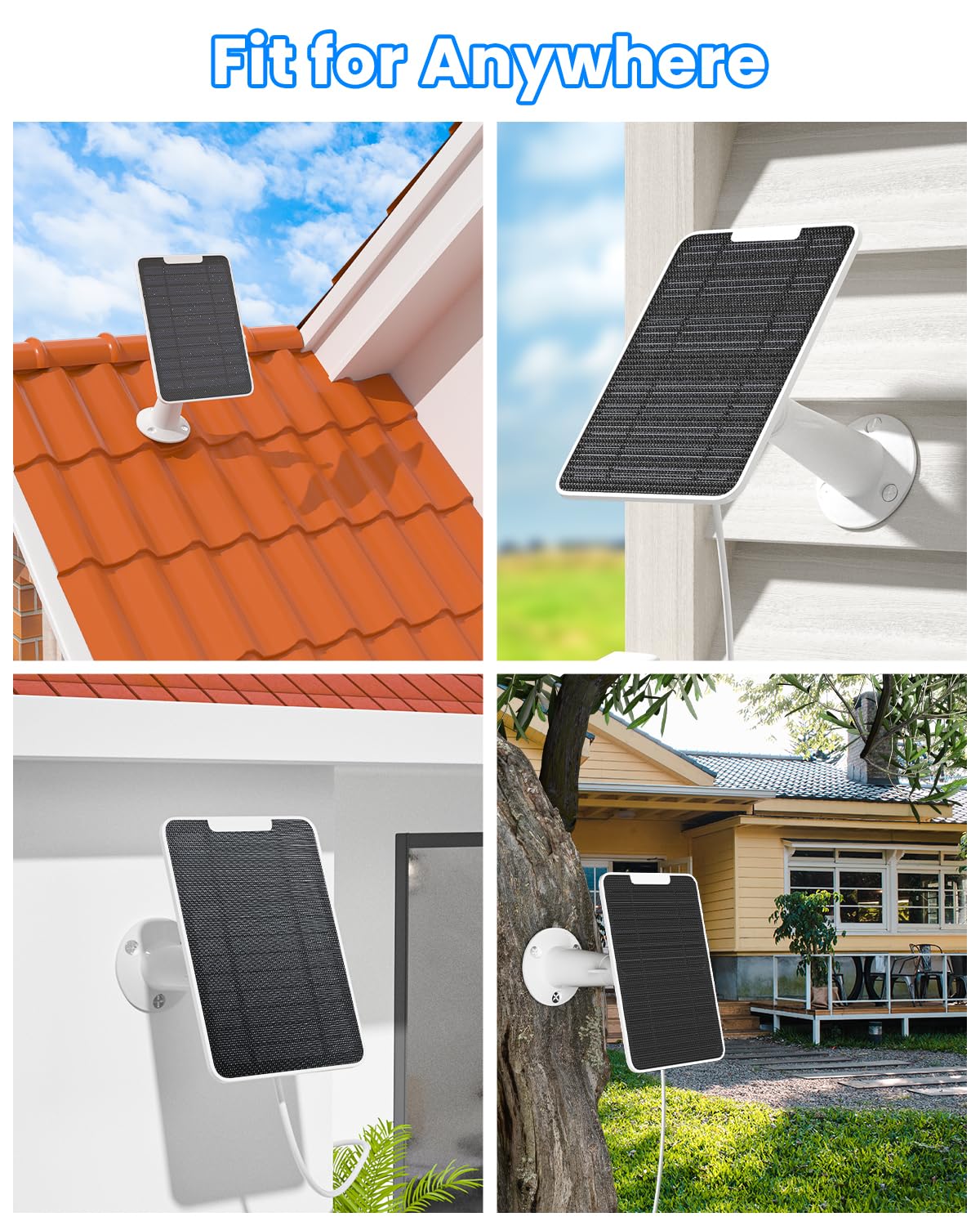 5W Arlo Solar Panel Charger Compatible with Arlo Essential Spotlight/XL Spotlight Camera, Arlo Essential Solar Panel Charger w/ 10ft Waterproof Micro USB Charging Cable, Adjustable Wall Mount, 4 Pack
