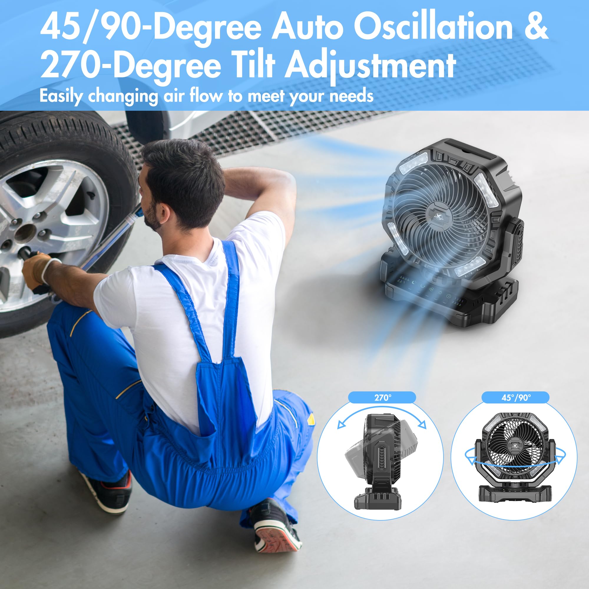 40000mAh Battery Powered Fan, Rechargeable Oscillating Floor Fan with Remote, 136H Cooling Max Camping Essentials for RV, Fathers Day Gift for Men Dad Blue Collar Workers, Co-Branded with AMACOOL