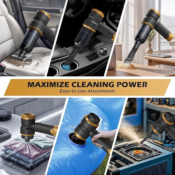 Handheld Car Vacuum with 15000PA Power, 4 in 1 Small Powerful Cordless Vacuum Cleaner & Air Duster with 2000mAh Battery, Rechargeable Portable Mini Hand Held Vacuum for Car, Home,Office,Pet Hair（Gold）