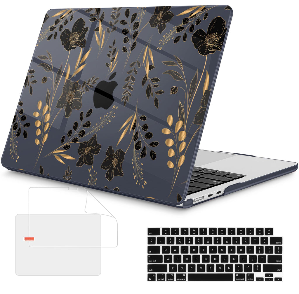 Mektron Case for 2026 MacBook Air 15 INCH M5 A3448 Compatible with M4 A3241 /M3 A3114 /M2 A2941 Printed Plastic Hard Shell Cover with 15.3" Liquid Retina Display Touch ID- Gold Floral