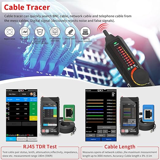 Multifunction RJ45 Network Caber Tester, 4" IPS Touch Screen UTP Cable Tester,Rechargeable Ethernet Cable Tracer,Support Network Tools, POE++ Detect,Cable Length Meter,RJ45 TDR Test, NCV,PD Power,FTP