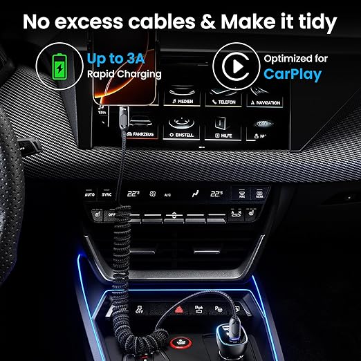 Coiled USB C to USB C Cable 2Pack 3FT Braided Retractable Fast Charging Cable for Car, Compatible with iPhone 16/15 Pro Max/Galaxy S24/S23/S22, Supports Car Play & Android Auto-Black