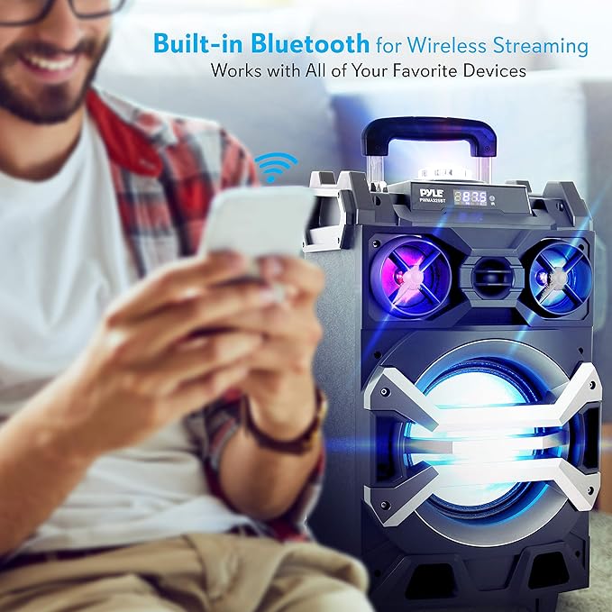 Pyle 500 Watt Portable BT Connectivity Karaoke Speaker System - PA Stereo with 8" Subwoofer, DJ Lights Rechargeable Battery Microphone, Recording Ability, MP3/USB/SD/FM Radio - PWMA325BT