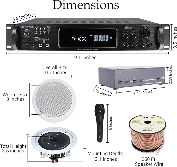 Home Audio System Kit - 7.2 Channel 1500W Bluetooth Amplifier w/ 8 Qty of 8" Framed Ceiling Speakers 300 W Each, 4-Ch Speaker Selector, 2 Qty of Mic, 250 ft Speaker Wire & Remote by Vaiyer