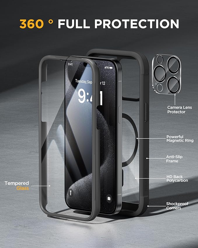 Miracase Magnetic for iPhone 15 Pro Max Case 6.7'' [Compatible with Magsafe] Full-Body Drop Proof Bumper Phone Case for iPhone 15 Pro Max with Built-in 9H Tempered Glass Screen Protector,Black