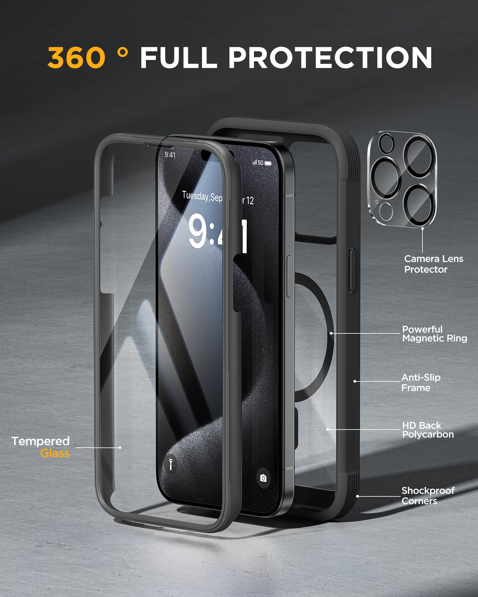 Miracase Magnetic for iPhone 12 Pro Max Case [Compatible with MagSafe] Full-Body Phone case with Built-in Glass Screen Protector& Camera Protector, Military Drop Proof 12 Pro Max Cover, Black