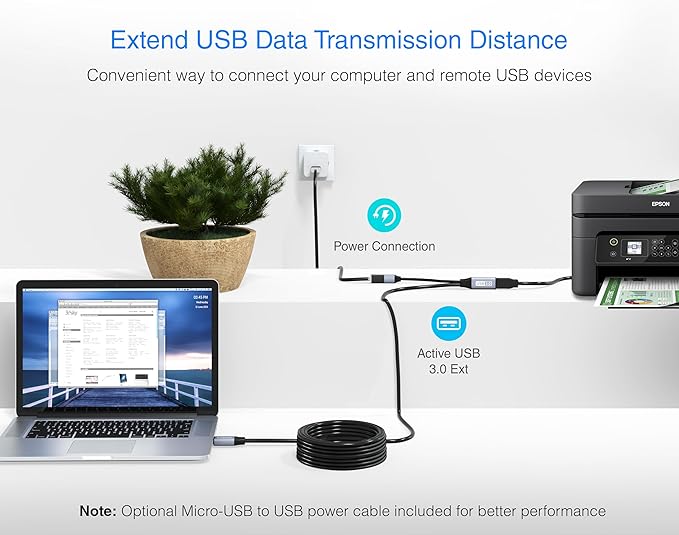 BlueRigger USB 3.0 Extension Cable (50FT, Active, 5 Gbps, In-Wall CL3 Rated, Type A Male to Female Adapter Cord) - Long USB Repeater Extender for VR Headset, Printer, Hard Drive, Keyboard, Mouse, Xbox