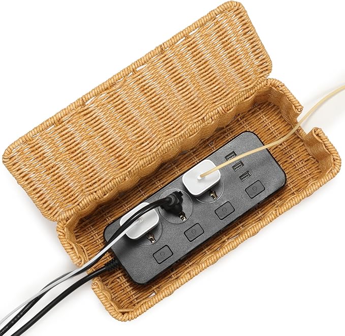 Delamu Handmade Rattan Cable Management Box, Cord Organizer with 2 Open Slots, Desk Cord Box Hider for Computer Router USB Hub Power Strip, 12.5" Lx 5.1" Wx 5.1" H, Natural