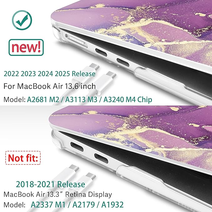 May Chen for MacBook Air 13.6 inch Case A3240 M4 A3113 M3 A2681 M2 with Retina Dispaly, 2025 2024 2023 2022 Release, Plastic Hard Shell Case with Screen Protector & Keyboard Cover, Purple Marble