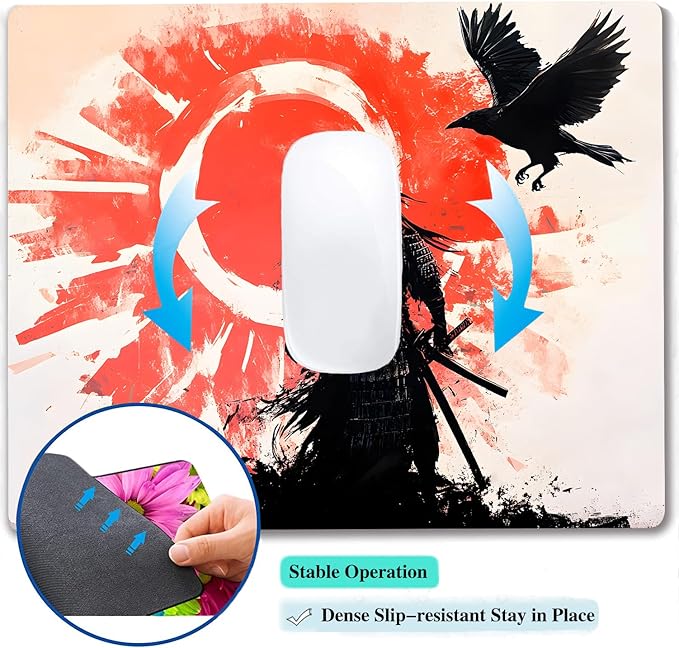 Japanese Anime Kurosun Samurai Custom Mouse Pad with Non-Slip Rubber, Small Square Design for Wireless Laptop & Computer Mouse Pads for Desk, 9.5 x 7.9 inch Smooth Surface for Gaming & Office