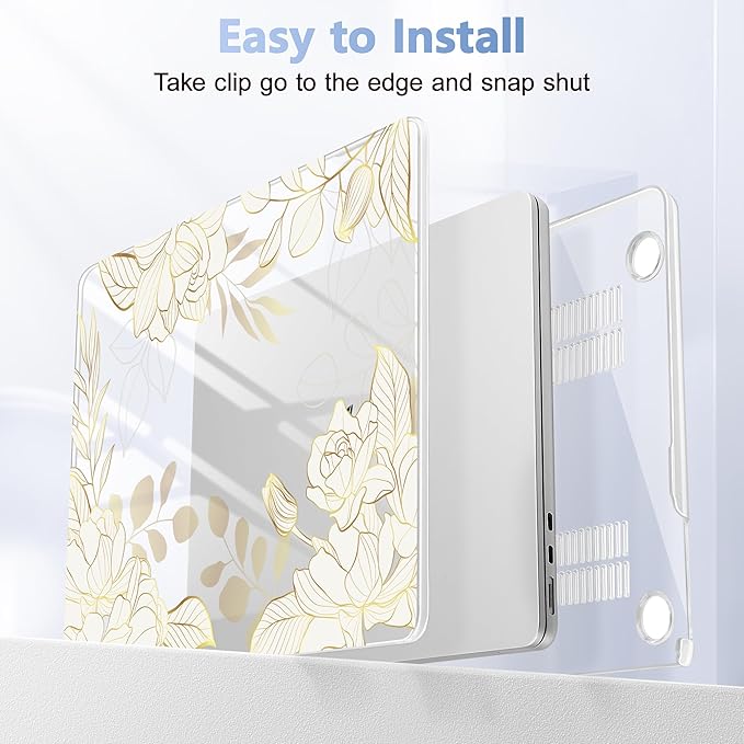 Case for MacBook Air 15 Inch 2025 2024 2023 Release M4 A3241 M3 A3114 M2 A2941, Hard Shell with Screen Protector & Keyboard Cover, Compatible with Touch ID - Gold Rose Flowers