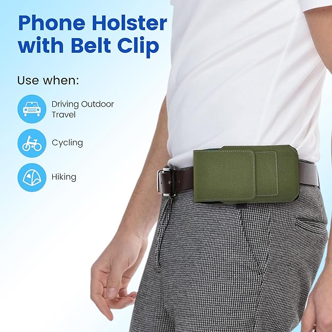 BECPLT for iPhone 17 Pro Max Air 16/15/14/13/12/11 Pro Max Nylon Cell Phone Pouch Holster Case with Belt Clip Cover Holder for Galaxy S25+ S24+ S23+ S22+ S21+ (Green)
