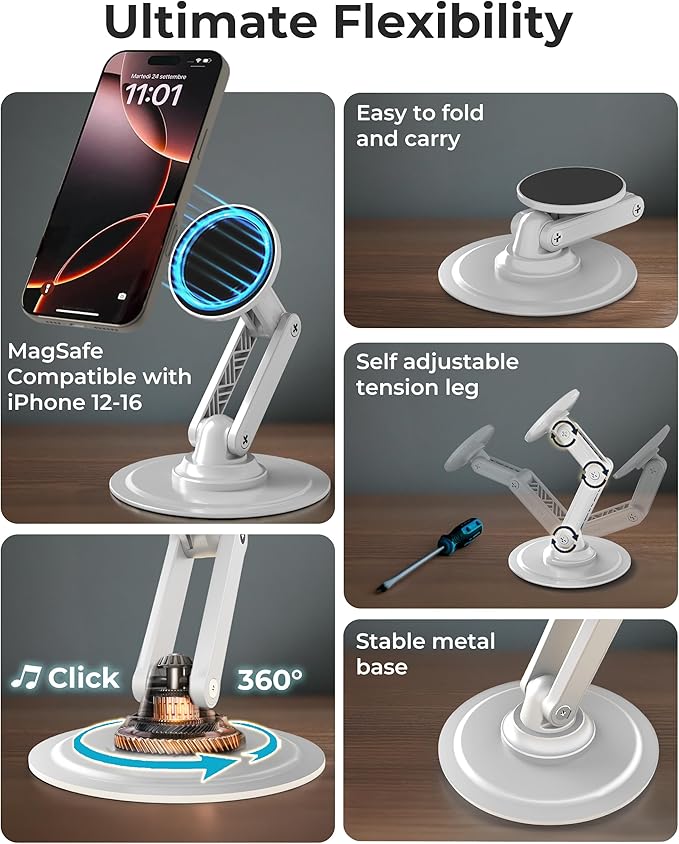 COOPER Magnetic Phone Stand for Desk, Mag360 Adjustable MagSafe Stand for iPhone 16 Pro Max, 15 14 13 12 & Plus | 360° MagSafe Phone Holder, Strong Magnetic MagSafe, Foldable 3-Axis Leg (Cream White)