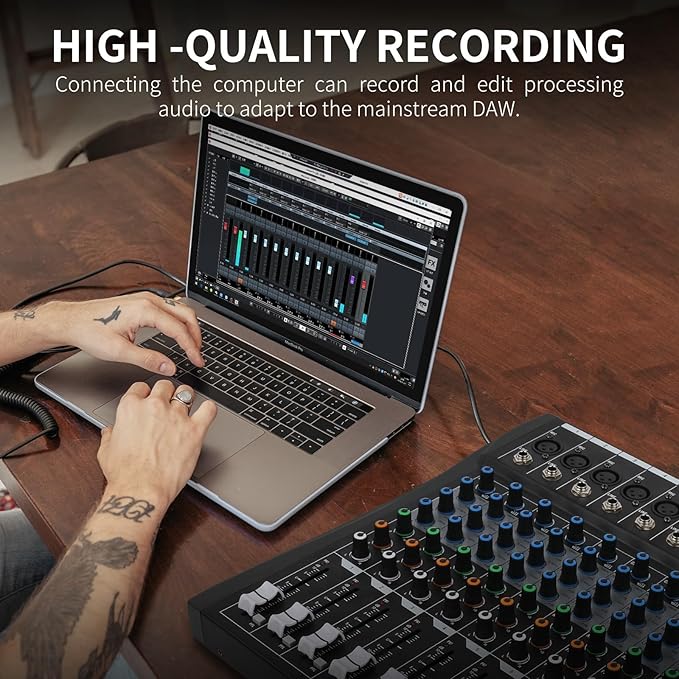 XTUGA 12 Channel Audio Mixer Sound Board Mixing Console, Audio Interface PC USB Bluetooth with 48V Phantom Digital Effect for DJ Live Recording Studio Karaoke(CT120)