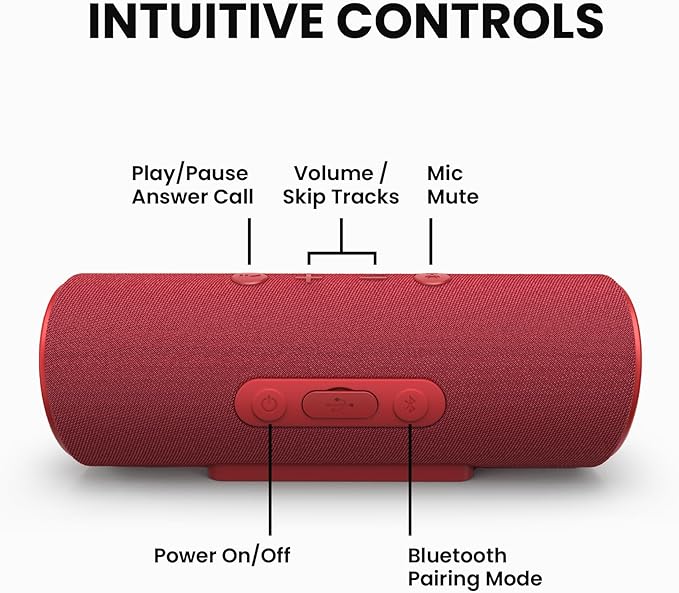Cleer Scene Wireless Bluetooth Speaker, Stereo Wireless Pairing, Waterproof IPX7, 12Hrs Play time, Deep Bass, Built-in Mic, Powerful Portable Speakers, for Outdoor & Party, Home,Red