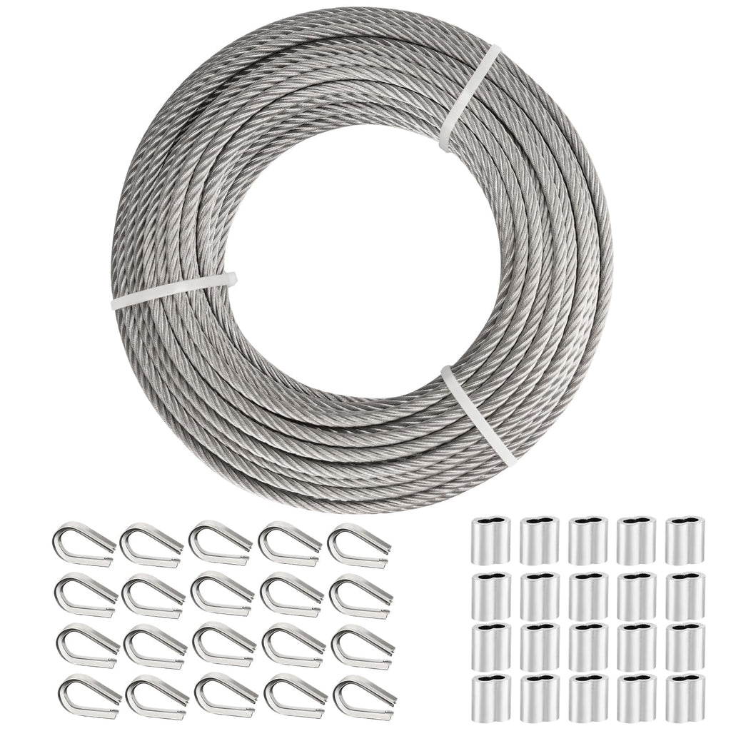 TooTaci 3/16" Stainless Steel Cable, 100ft Wire Rope with Aluminum Crimping Sleeve&Thimbles, 7x19 Strands, 3700lbs Breaking Strength Heavy Duty Aircraft Cable for Zipline, Deck Railing, Shade Sail