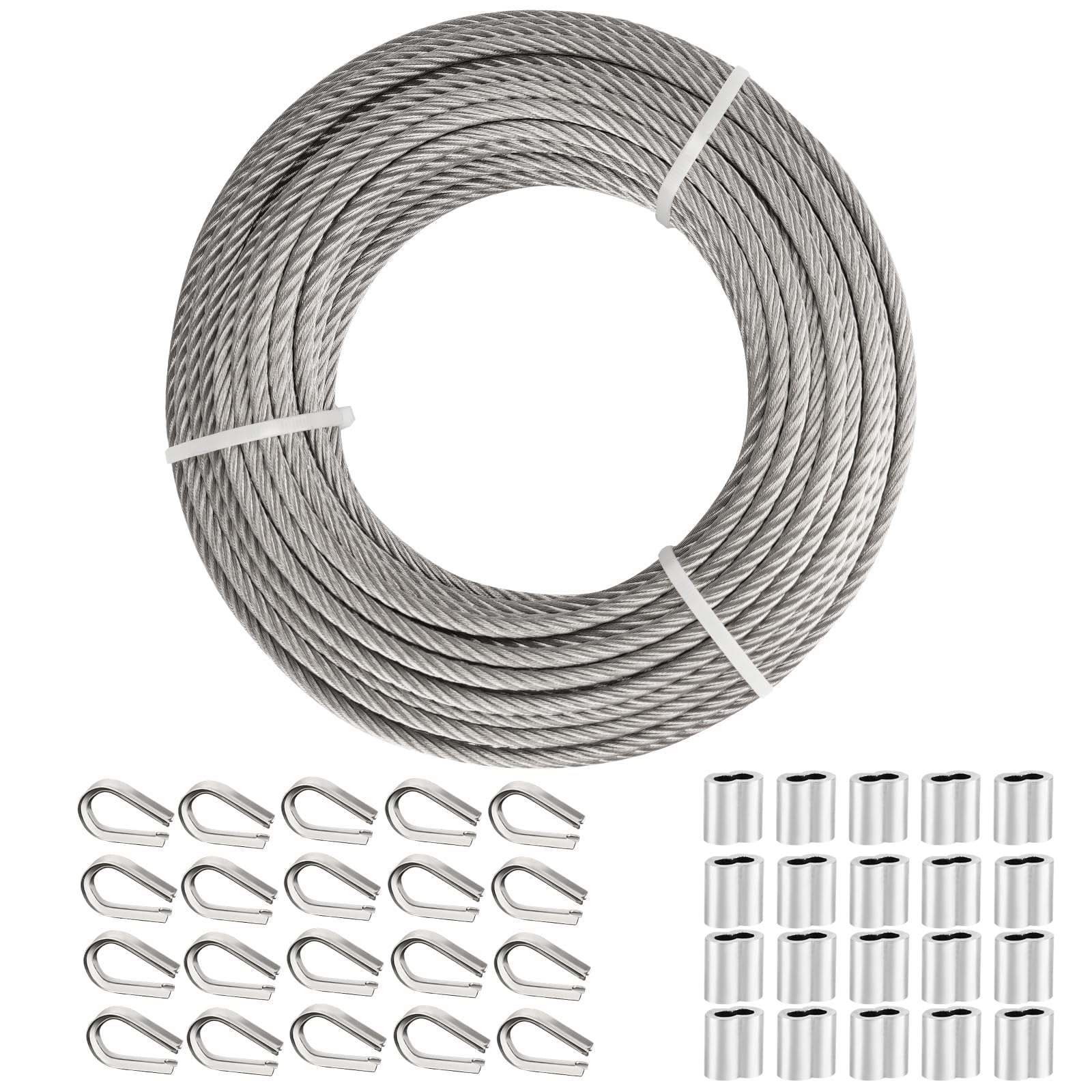 TooTaci 3/16" Stainless Steel Cable, 100ft Wire Rope with Aluminum Crimping Sleeve&Thimbles, 7x19 Strands, 3700lbs Breaking Strength Heavy Duty Aircraft Cable for Zipline, Deck Railing, Shade Sail