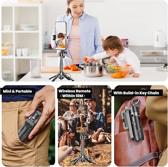 Mini Selfie Stick, Pocket Size Extendable Phone Holder with Wireless Detachable Remote Control for Content Creation/Vlog/Video Record/Live Stream