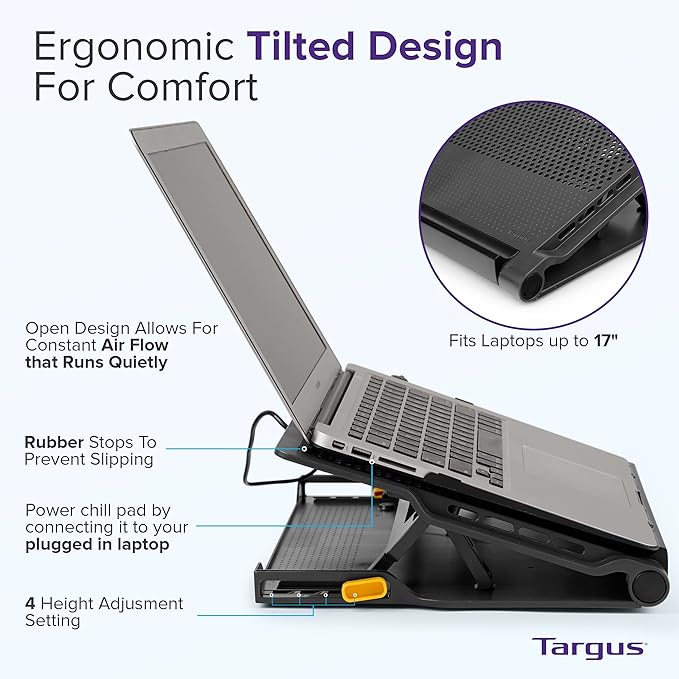 Targus Laptop Cooling Pad for Laptops up to 17-inches, Dual High-Speed Fans Chill Mat + 4-Port USB Hub Laptop Fan Cooling Pad for Work, USB Stand Cooling Pad for Gaming Laptop Cooling Fan (AWE81US)
