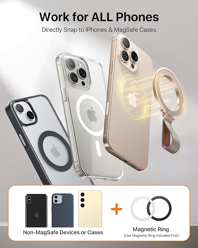 andobil[2025 Premium Leather]Magnetic Phone Grip for MagSafe[Unrivaled Stability]Adjustable Phone Ring Kickstand with Leather Loop Compatible with MagSafe Accessories&iPhone 16 Pro Max/15/14/13,Greige