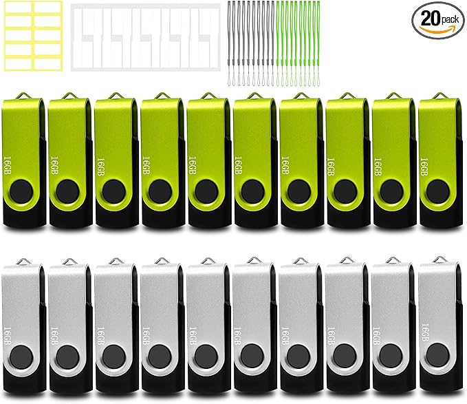 Thumb Drive 16GB FAT32 USB Flash Drives 20 Pack 16 GB USB 2.0 Jump Drives Multipack Flash Memory Stick Zip Drive Pendrive 20Pack with 20PCS Lanyards Label (Green Sliver 16gig)