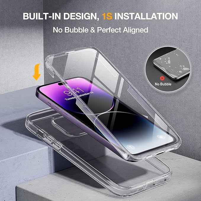 Miracase Glass Series Designed for iPhone 14 Pro Case 6.1 Inch, Upgrade Full-Body Bumper Case with Built-in 9H Tempered Glass Screen Protector, with Camera Lens Protector, Clear