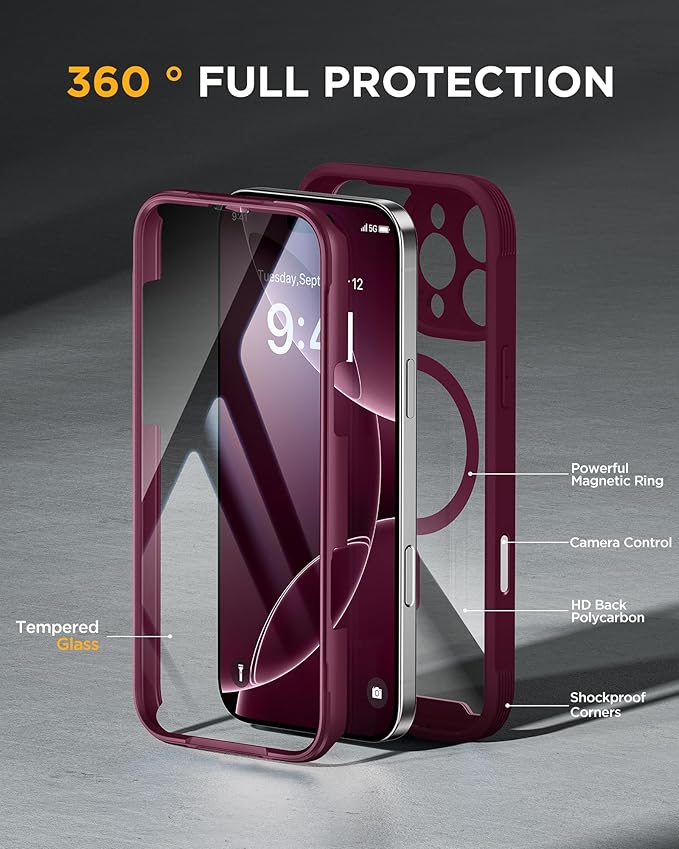 Miracase for iPhone 16 Pro Max Case 6.9'', [Bubble Free] Full-Body Bumper Phone case with Built-in Full Glass Screen &Lens Protector,Compatible with MagSafe,Drop Proof 16 Pro Max Cover,Plum