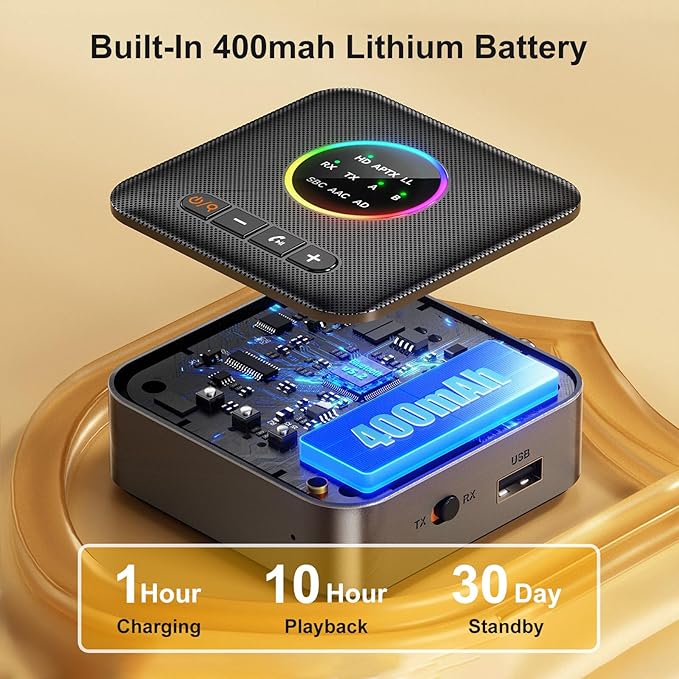 Upgrade Bluetooth 5.2 Transmitter Receiver aptX Adaptive/Low Latency/HD Bluetooth Adapter Support 2 AirPods Headphones, Wireless HiFi Audio Receiver with AUX RCA USB for TV/Car/PC/Home Stereo/Speakers