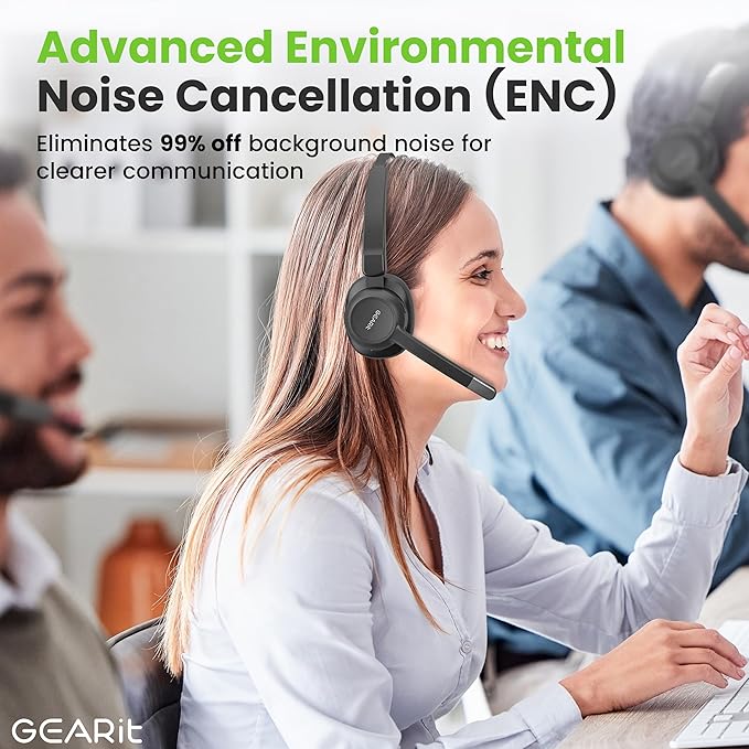 GEARit Wireless Bluetooth Headset with Mic - Multipoint Dual Connect, Noise Cancelling Trucker Headset for Phone Calls - All-Day Talk Time - Headphone with Microphone & Mute Button for Office Work