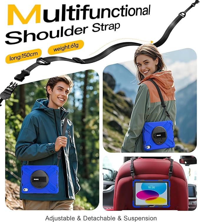 BRAECN for iPad (A16) 11th/10th Generation case 11/10.9 inch 2025/2022 Heavy Duty Shockproof Protective with Pencil Holder Screen Protector 360°Rotating Stand Handle & Shoulder Strap Full Body Cover