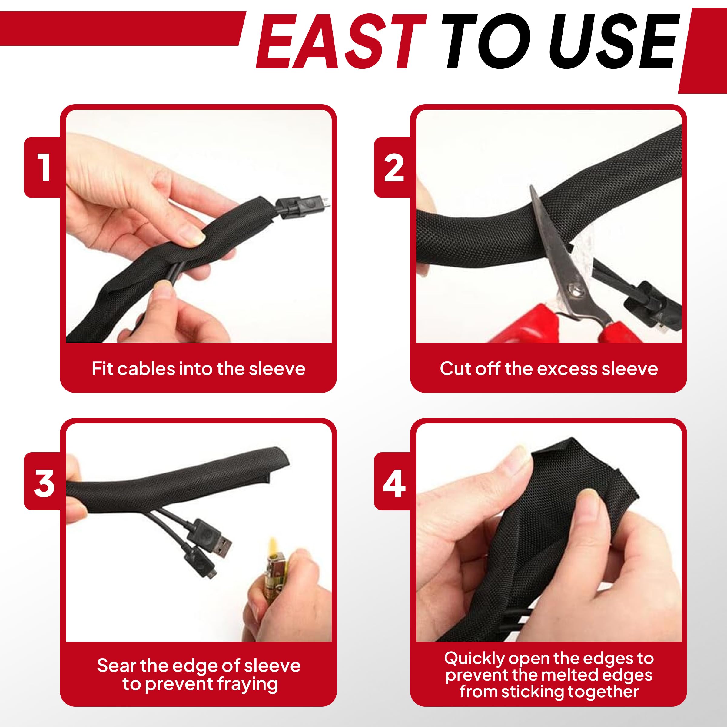 BuyUneed Black Split Braided Cable Management Sleeves 1/2inch -30Feet