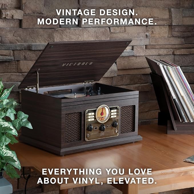 Victrola The Quincy 6-in-1 Bluetooth Record Player & Multimedia Center with Built-in Speakers – 3-Speed Turntable, CD & Cassette Player, AM/FM Radio, Wireless Music Streaming (Farmhouse Shiplap Grey)