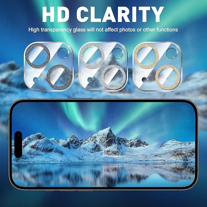 LucBuy 3PCS Sparkling Camera Lens Protector for iPhone 13/iPhone 13 Mini, Full Clear Acrylic Cover with Shiny Colorful Glitter Designed Decoration Back Camera Protector
