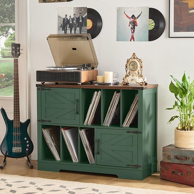 Large Record Player Stand with Vinyl Storage Up to 450 Albums, 39 Inch Farmhouse Wood Green Vinyl Records Storage Cabinet with Barn Doors, Mid-Century Accent Turntable Stand for Living Room