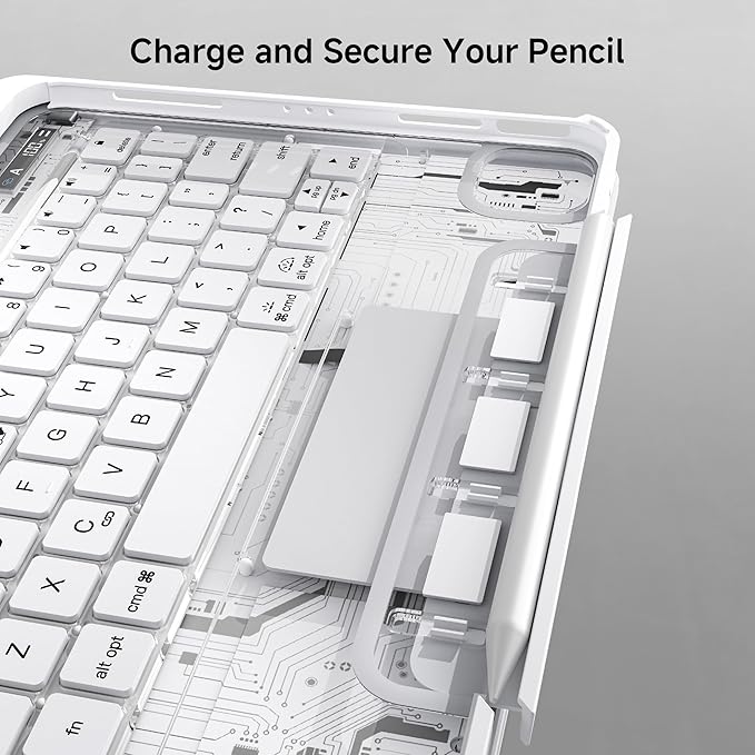 iPad Keyboard Case for 2024 M4 iPad Pro 13 inch, Magic Wireless Keyboard with Trackpad 7 Color Backlit, 360° Rotating Stand Transparent Protective Cover with Pencil Holder (White)