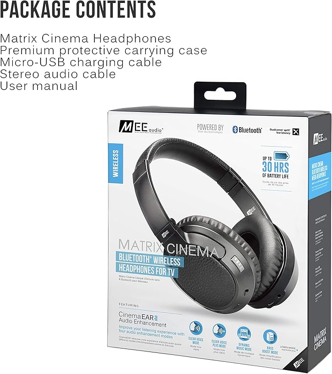 MEE audio Matrix Cinema Bluetooth Wireless Over-Ear High Resolution Stereo Headphones with aptX Low Latency for Improved Lip Sync & CinemaEAR Audio Enhancement for Clearer Sound in Movies and TV Shows