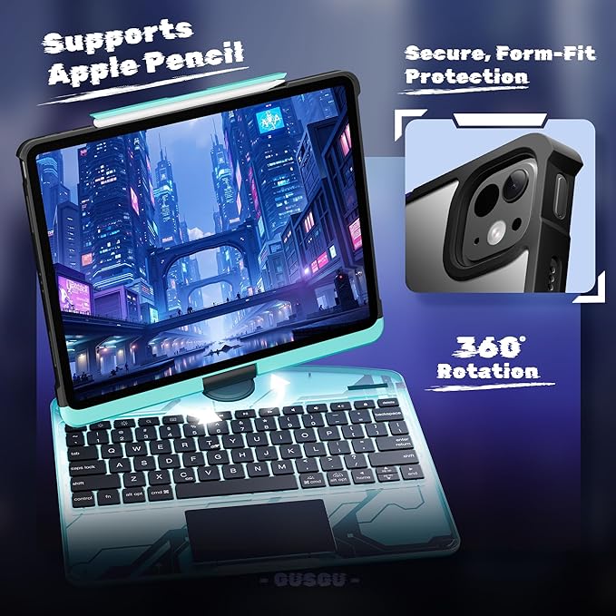 KITONE Transparent Case with Wireless Keyboard for iPad Air 13-in.(M3/M2, 2025/2024), 7 Colors Backlight, Trackpad, 360°Rotating Stand for iPad Pro 12.9-in (6/5/4/3 Gen), Tech Style