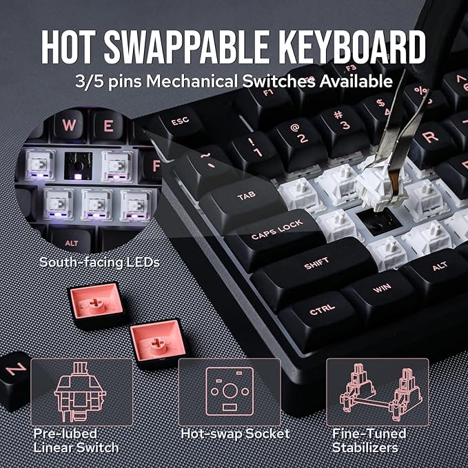 EPOMAKER Galaxy100 QMK/VIA Wireless Gaming Keyboard, Aluminum Shell, Bluetooth/2.4Ghz/USB-C, Pre-Lubed Hot-Swappable Linear Switches, NKRO, RGB Backlit (Black, Wisteria Linear Switch)
