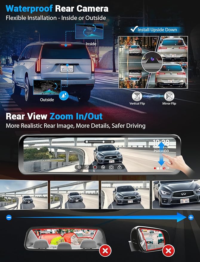 PORMIDO OEM Rear View Mirror Camera with Auto-Brightness, 11" Mirror Dash Cam with 2K Ultra-Bright Touchscreen, Detached Front Backup Rearview Zoom Built-in GPS Night Vision 64GB Card Parking Monitor