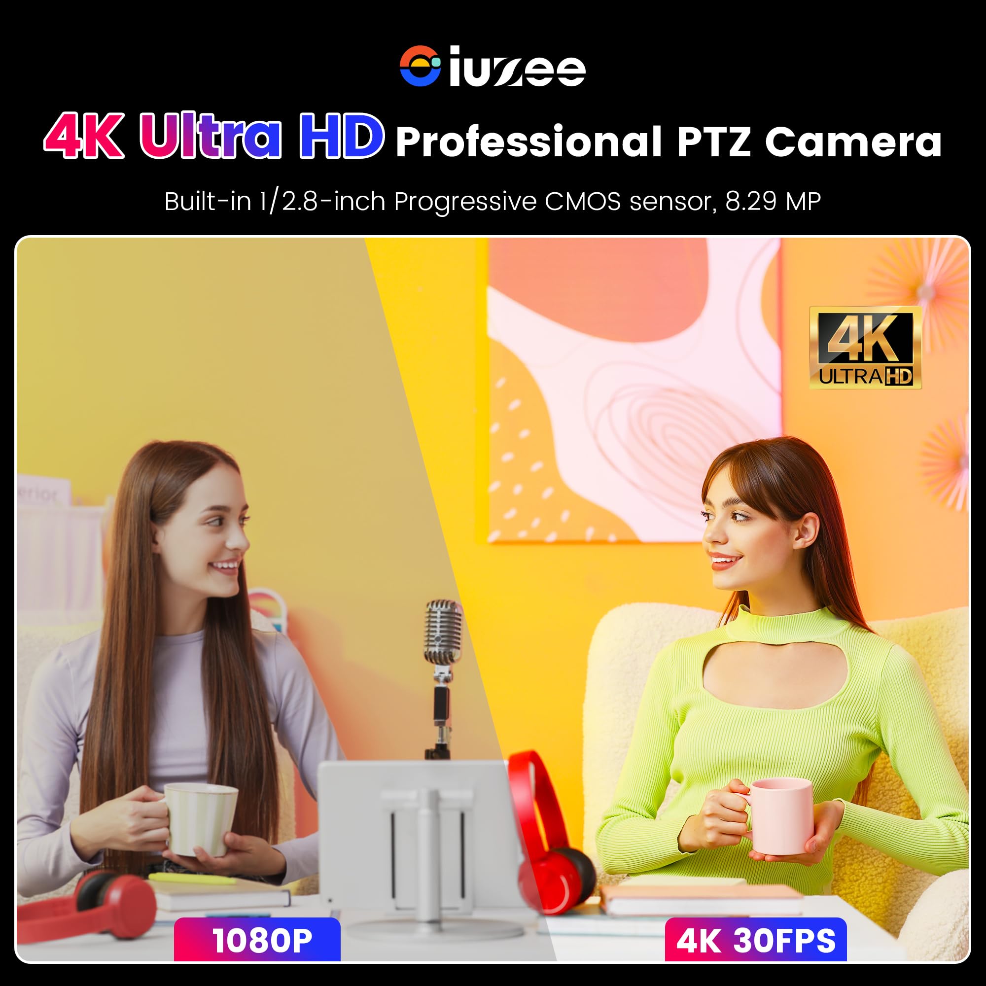 iuZee 4K UHD PTZ Camera AI-Auto Tracking, 20X Optical Zoom, USB3.0/HDMI/LAN PoE, IP Live Streaming, PTZ Conference Room Camera for Church Services Education Conference Events, Work with YouTube OBS
